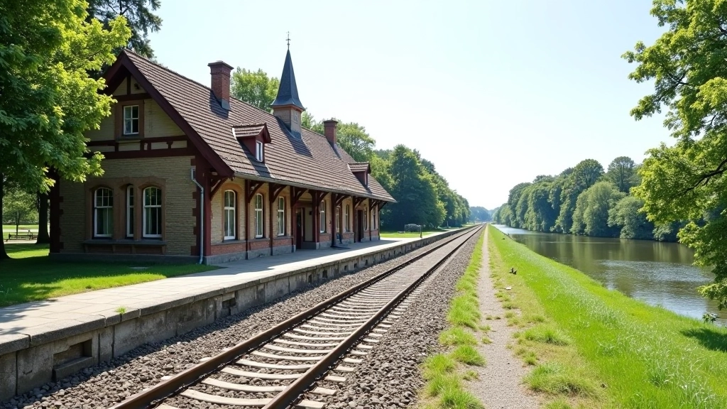 Senoji ilovebookingžinkelio stotis nuo šono, matomos grindinės, žalias kraštovaizdis, upė tolumoje